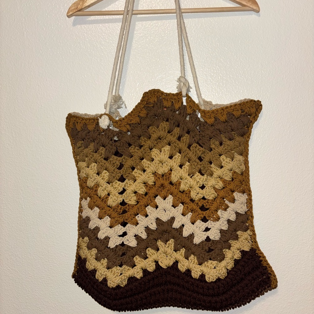Brown and Tan Crochet Tote Bag